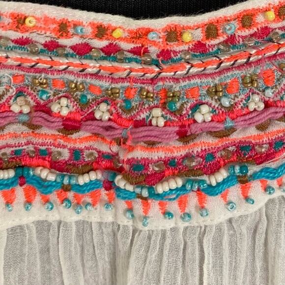 NWOT STAR MELA DRESS S Ivory Gauze Colorful Embroidery Beaded Ruched - Picture 5 of 8
